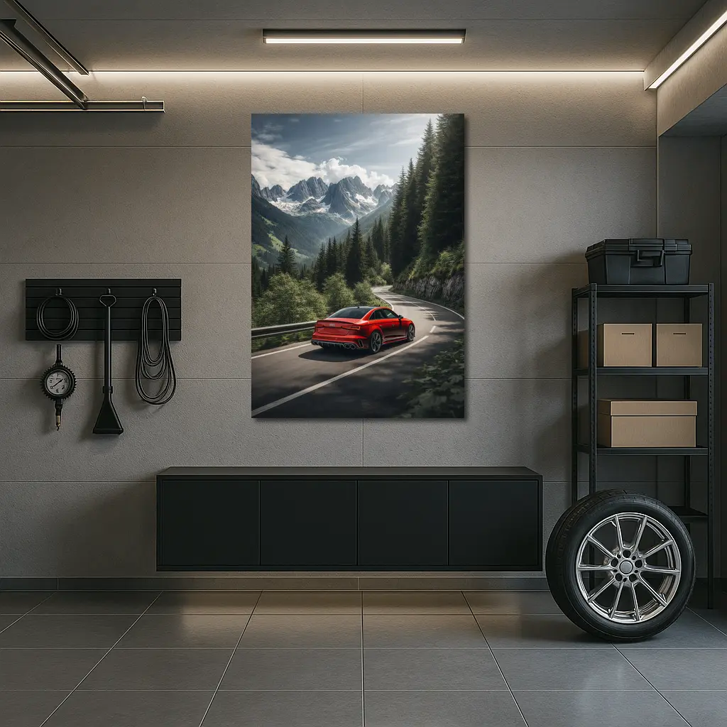 Audi RS4 Red Sedan Mountain Forest Road – Wall Art