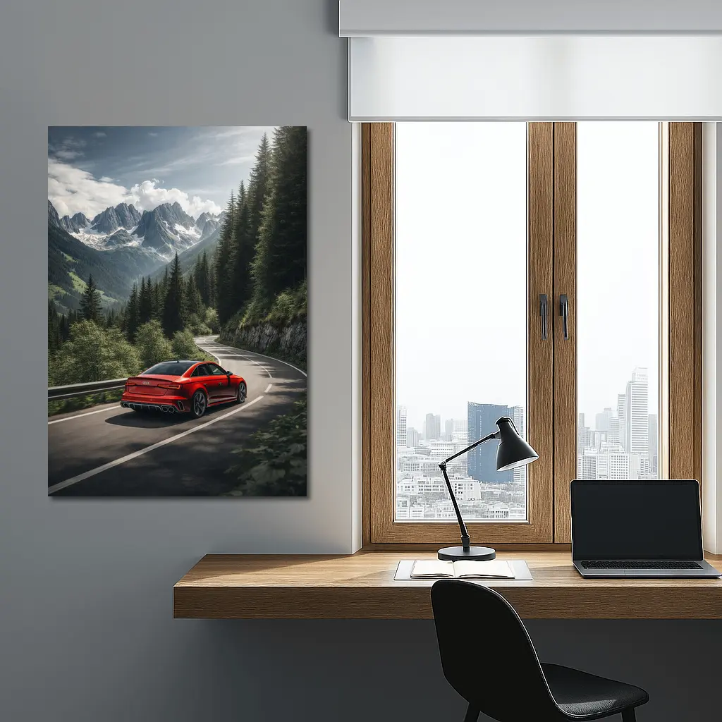 Audi RS4 Red Sedan Mountain Forest Road – Wall Art