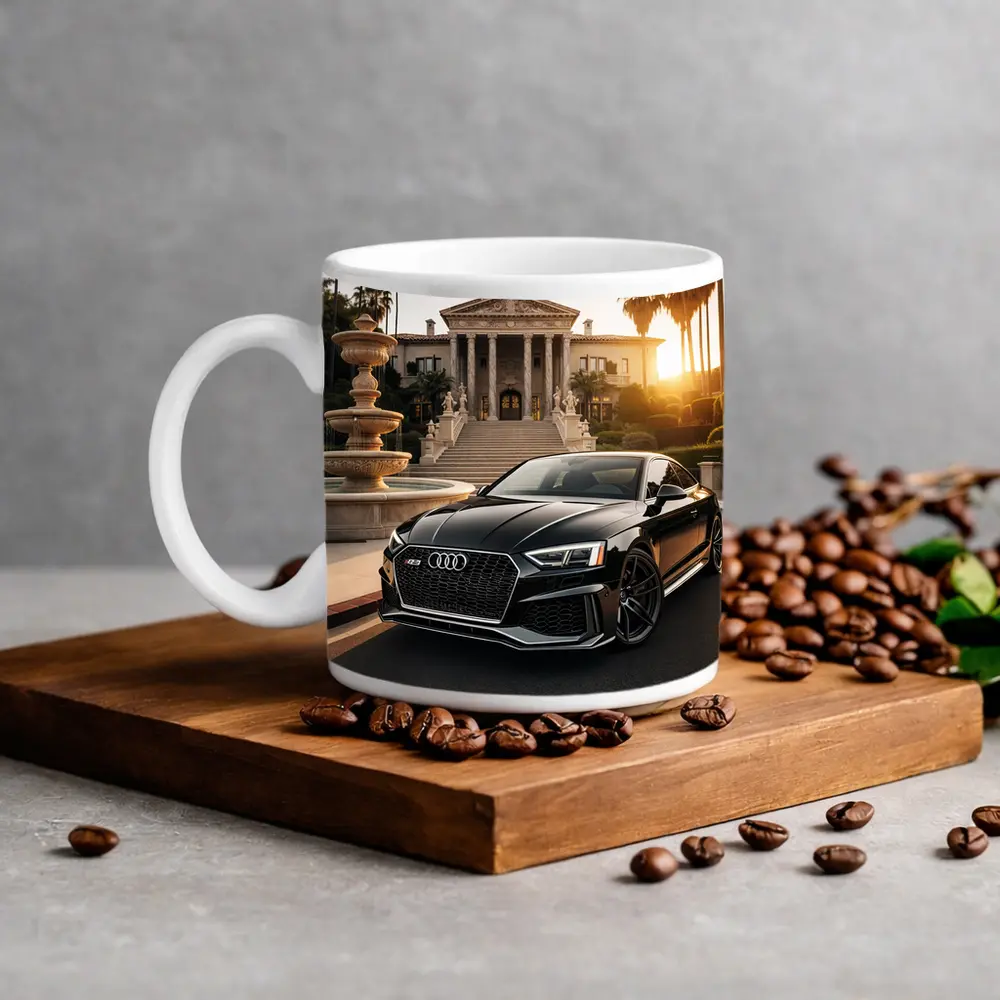 Audi RS5 Black Coupe Mansion Sunset – Mugs