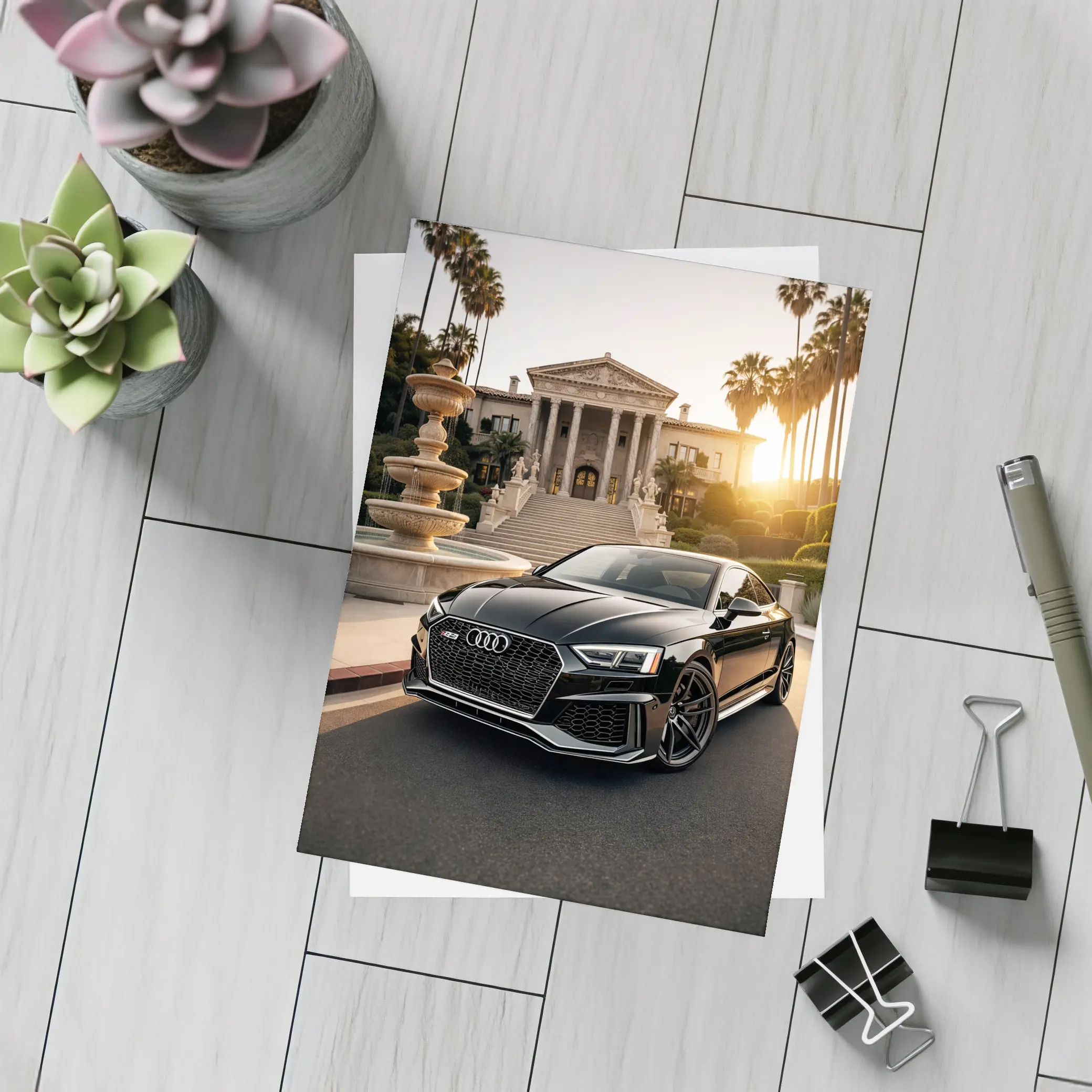 Audi RS5 Black Coupe Mansion Sunset – Postcards
