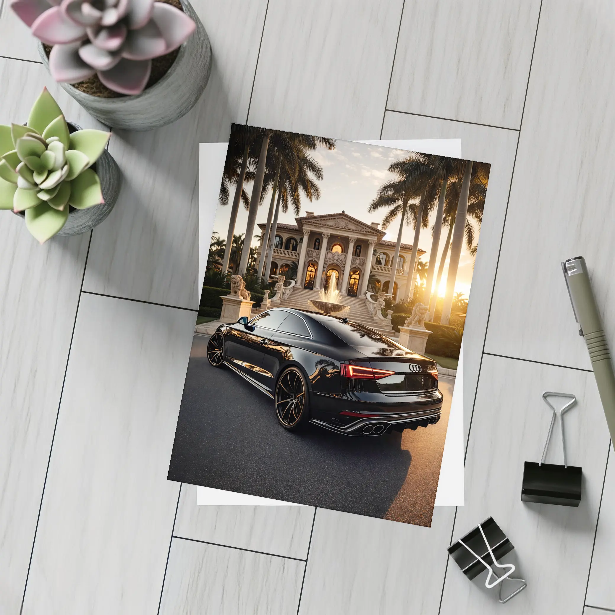 Audi RS5 Black Coupe Luxury Mansion Sunset – Postcards