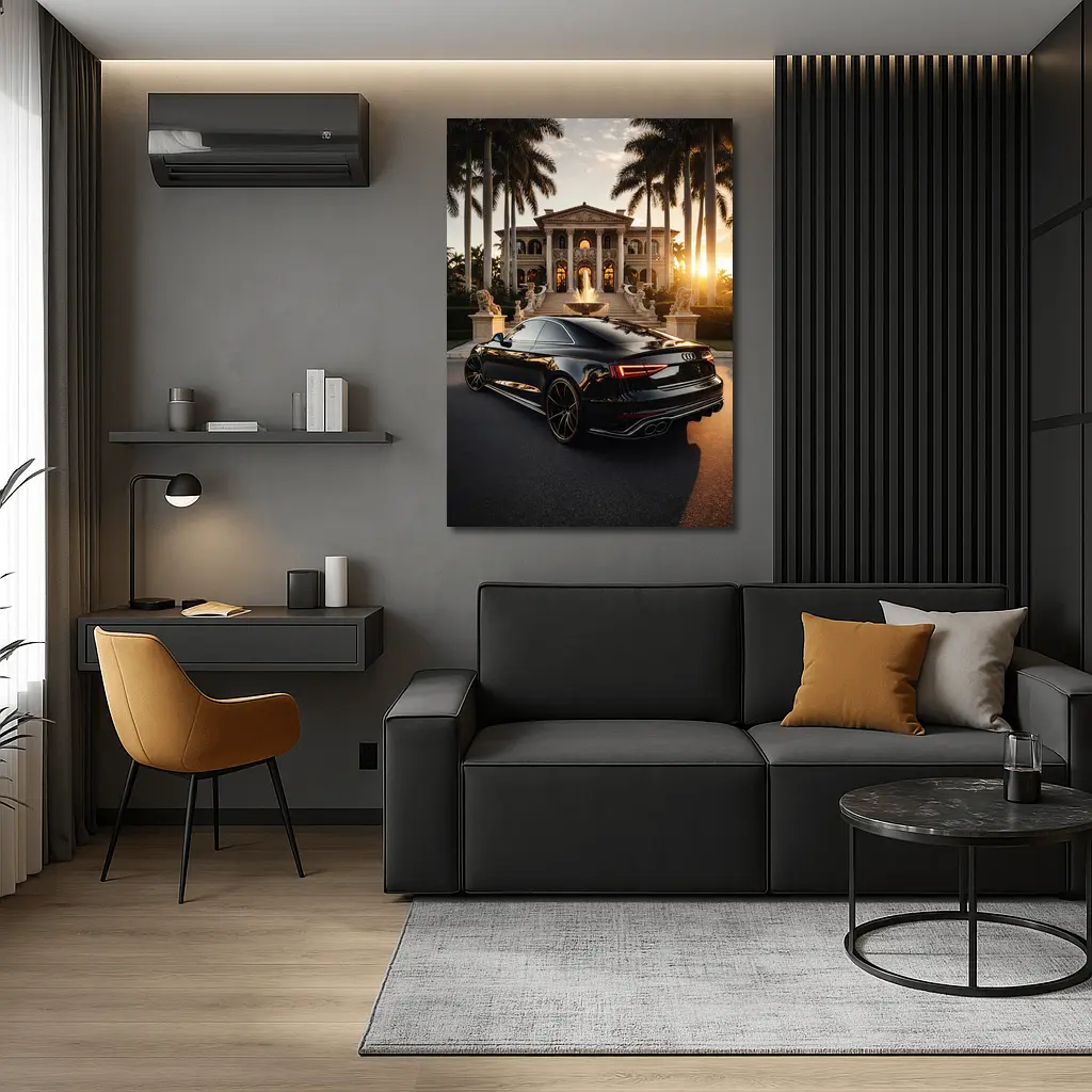 Audi RS5 Black Coupe Luxury Mansion Sunset – Wall Art