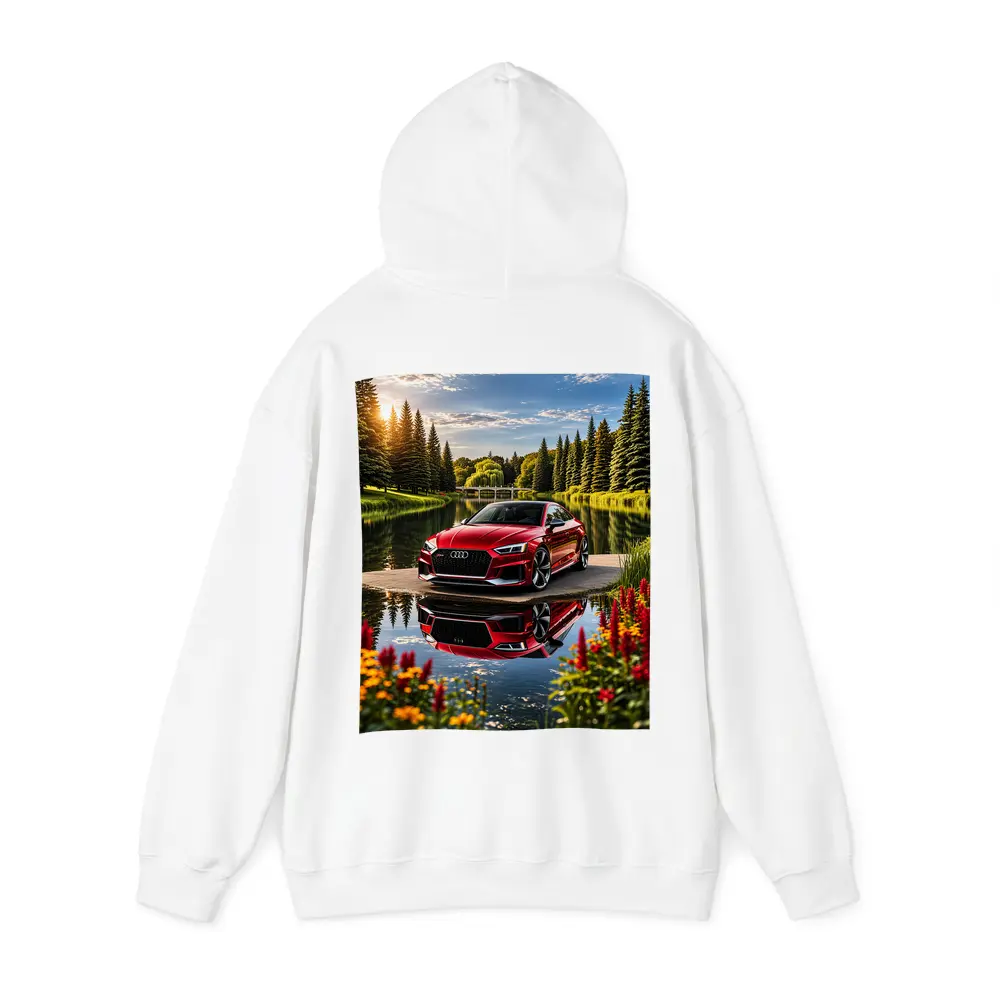 Audi RS5 Red Coupe Lakeside Park Setting – Hoodies
