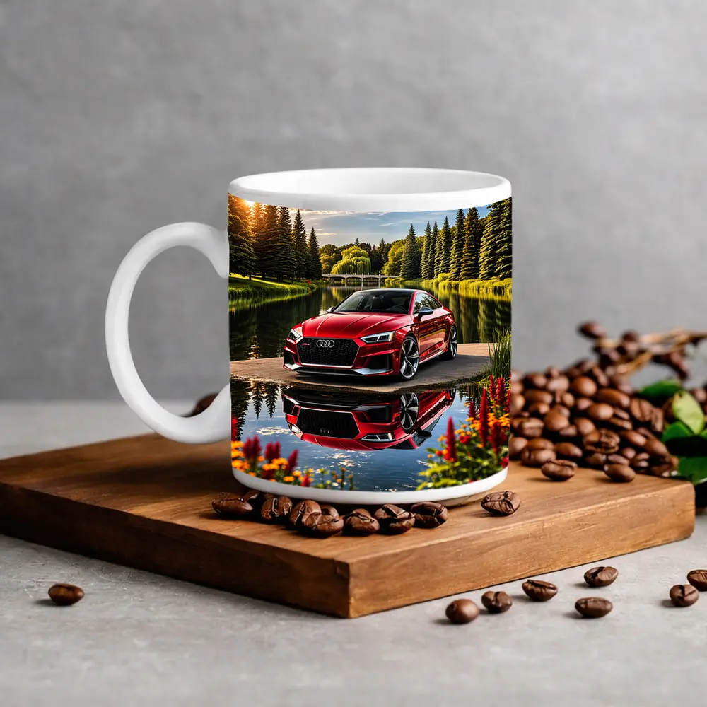 Audi RS5 Red Coupe Lakeside Park Setting – Mugs