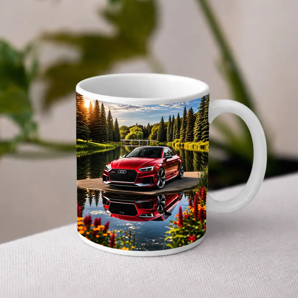 Audi RS5 Red Coupe Lakeside Park Setting – Mugs