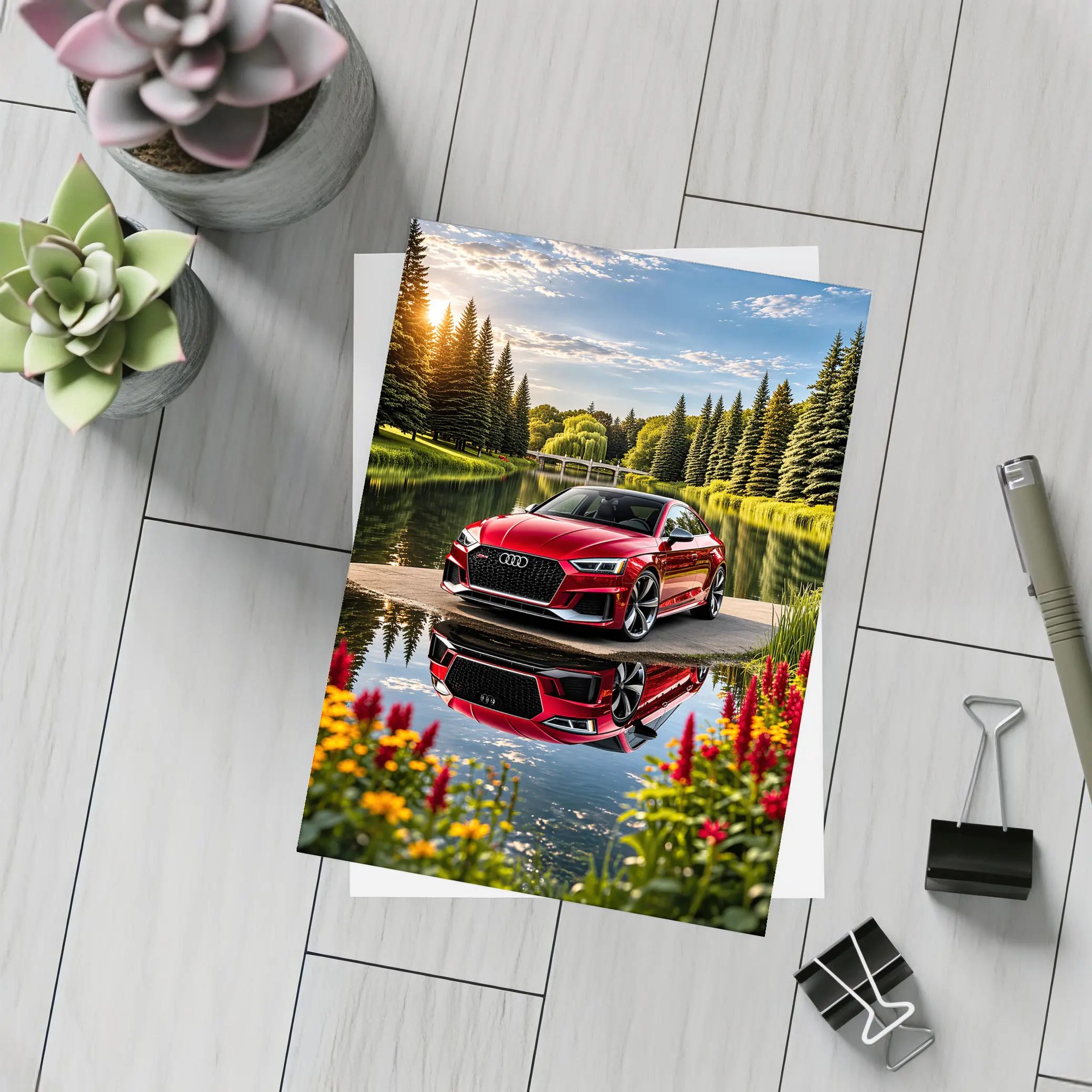 Audi RS5 Red Coupe Lakeside Park Setting – Postcards