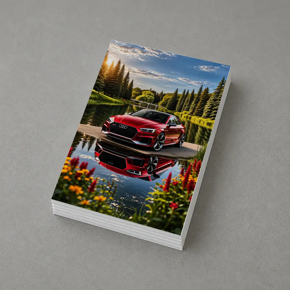 Audi RS5 Red Coupe Lakeside Park Setting – Postcards