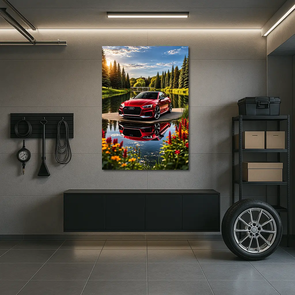 Audi RS5 Red Coupe Lakeside Park Setting – Wall Art
