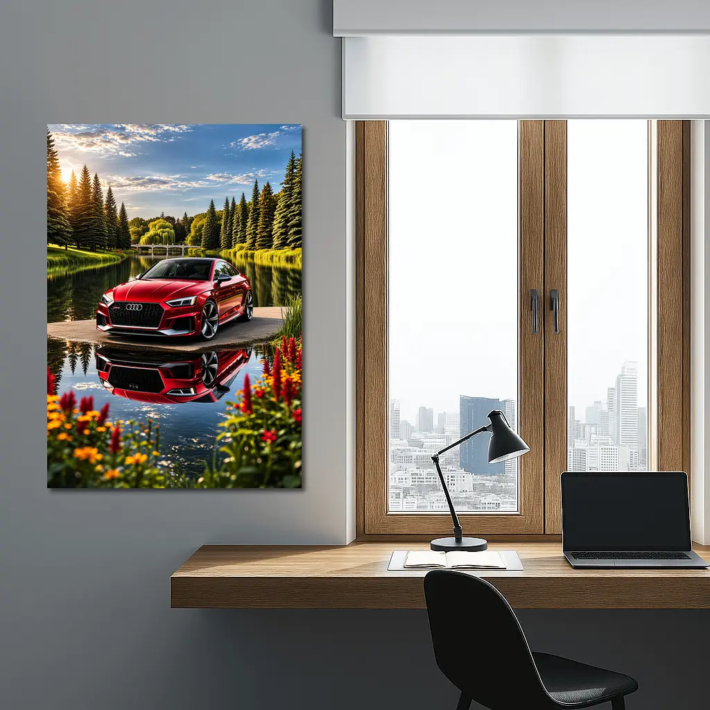Audi RS5 Red Coupe Lakeside Park Setting – Wall Art