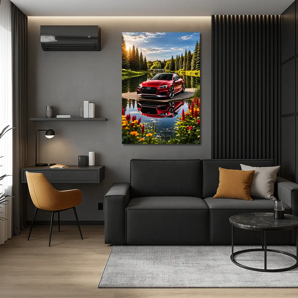 Audi RS5 Red Coupe Lakeside Park Setting – Wall Art