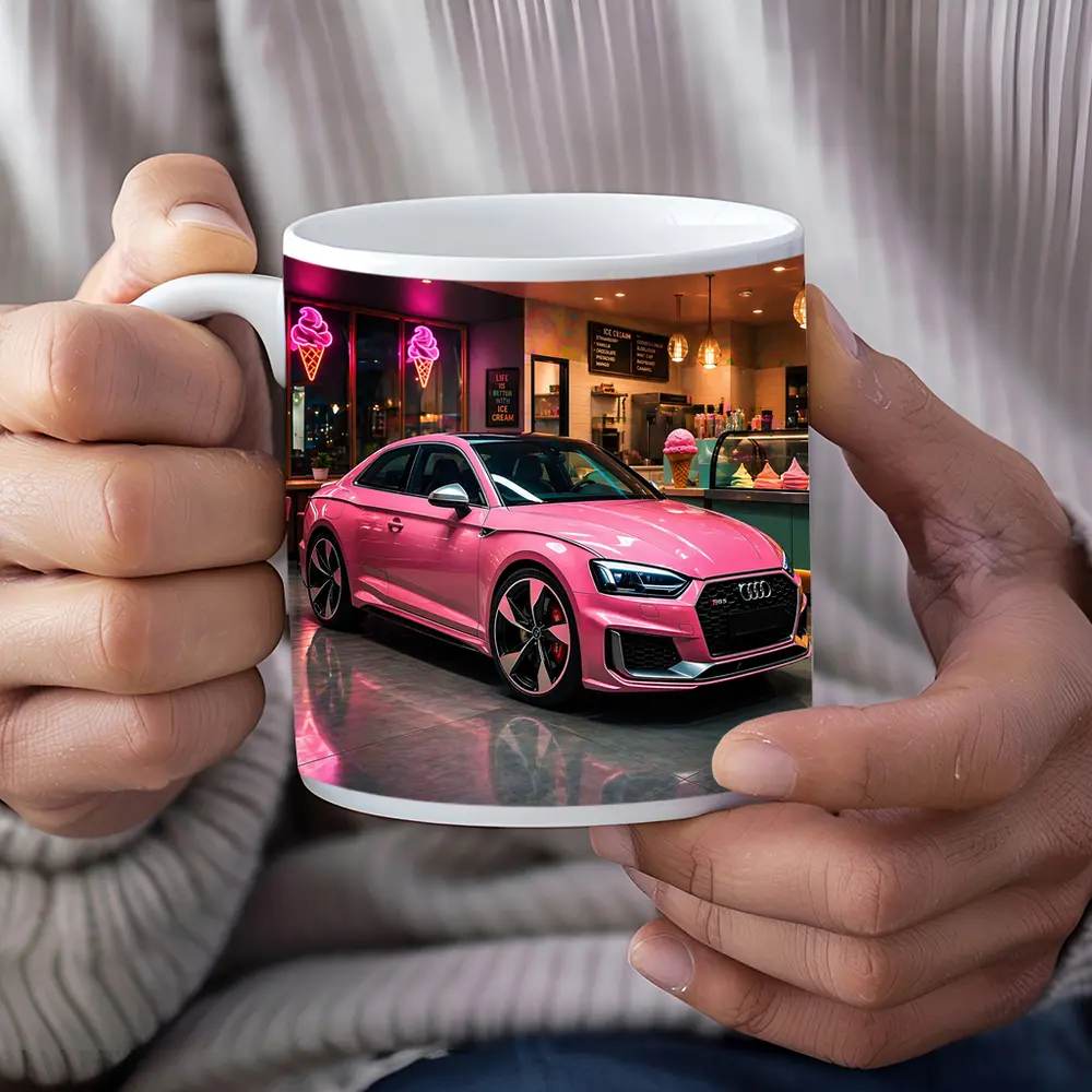 Pink Audi RS5 Inside Neon Ice Cream Shop – Mugs