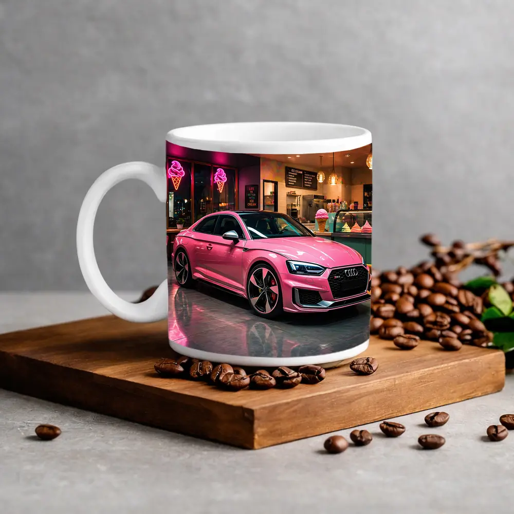 Pink Audi RS5 Inside Neon Ice Cream Shop – Mugs