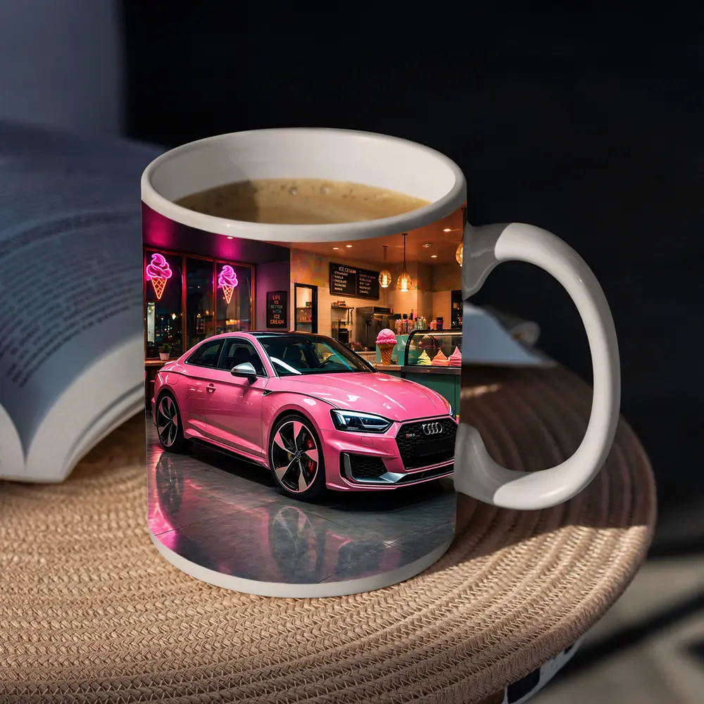 Pink Audi RS5 Inside Neon Ice Cream Shop – Mugs