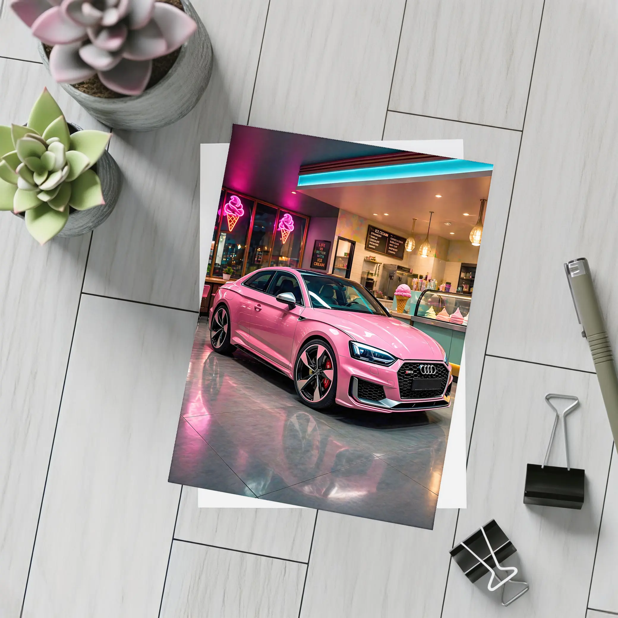 Pink Audi RS5 Inside Neon Ice Cream Shop – Postcards