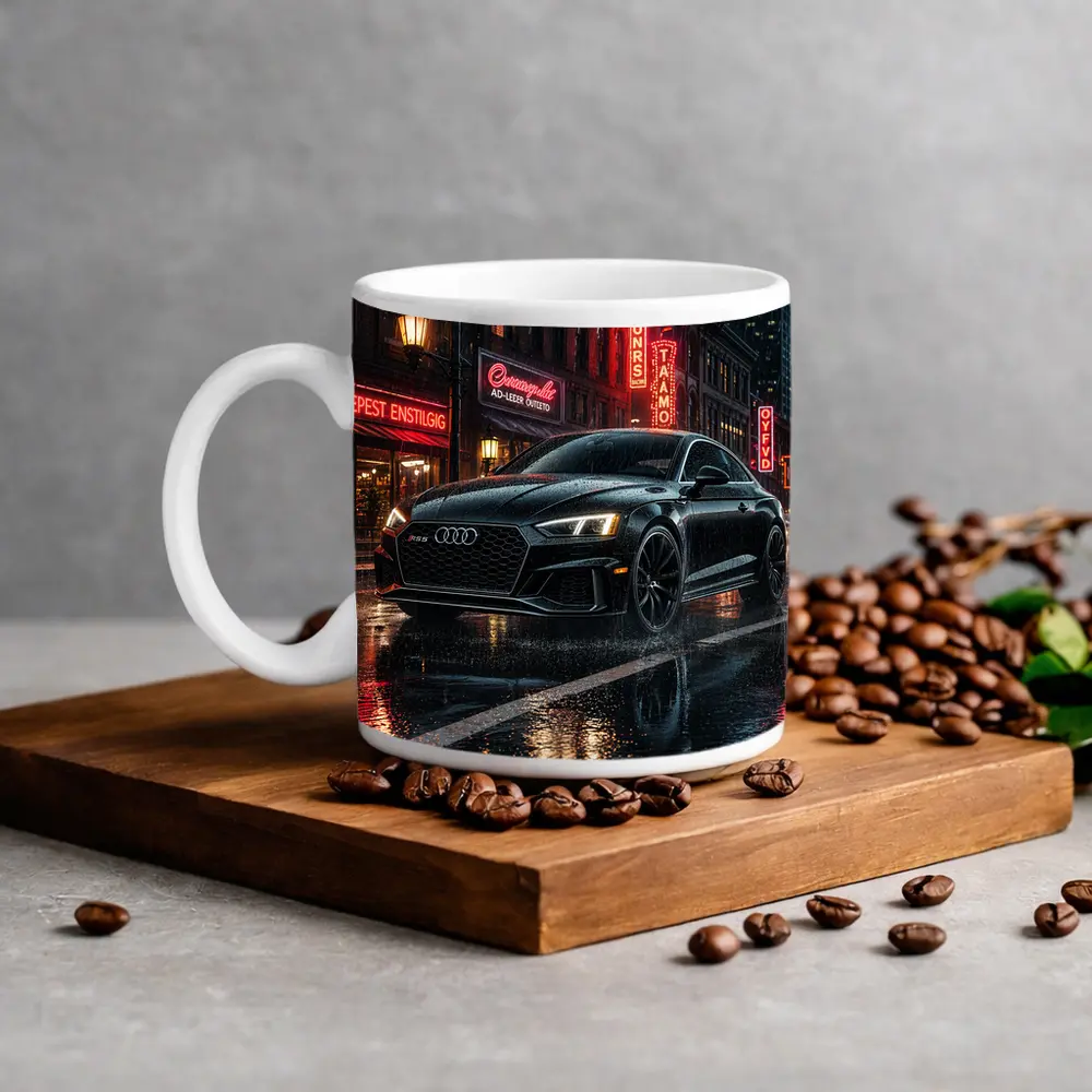 Audi RS5 Black Rainy Neon City Night – Mugs
