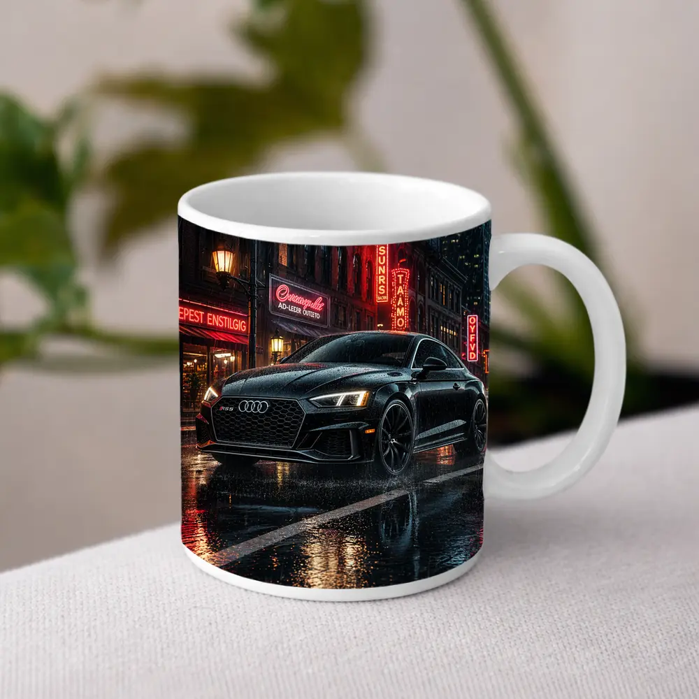Audi RS5 Black Rainy Neon City Night – Mugs
