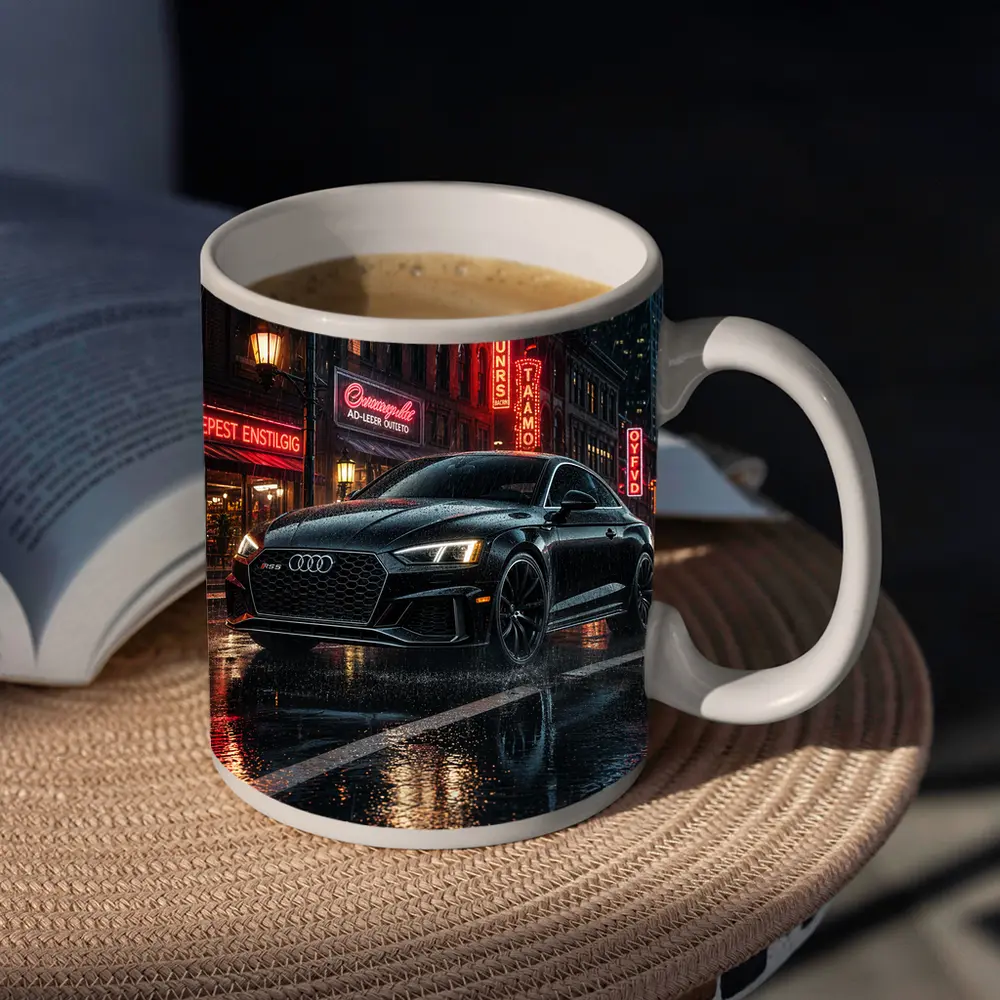 Audi RS5 Black Rainy Neon City Night – Mugs