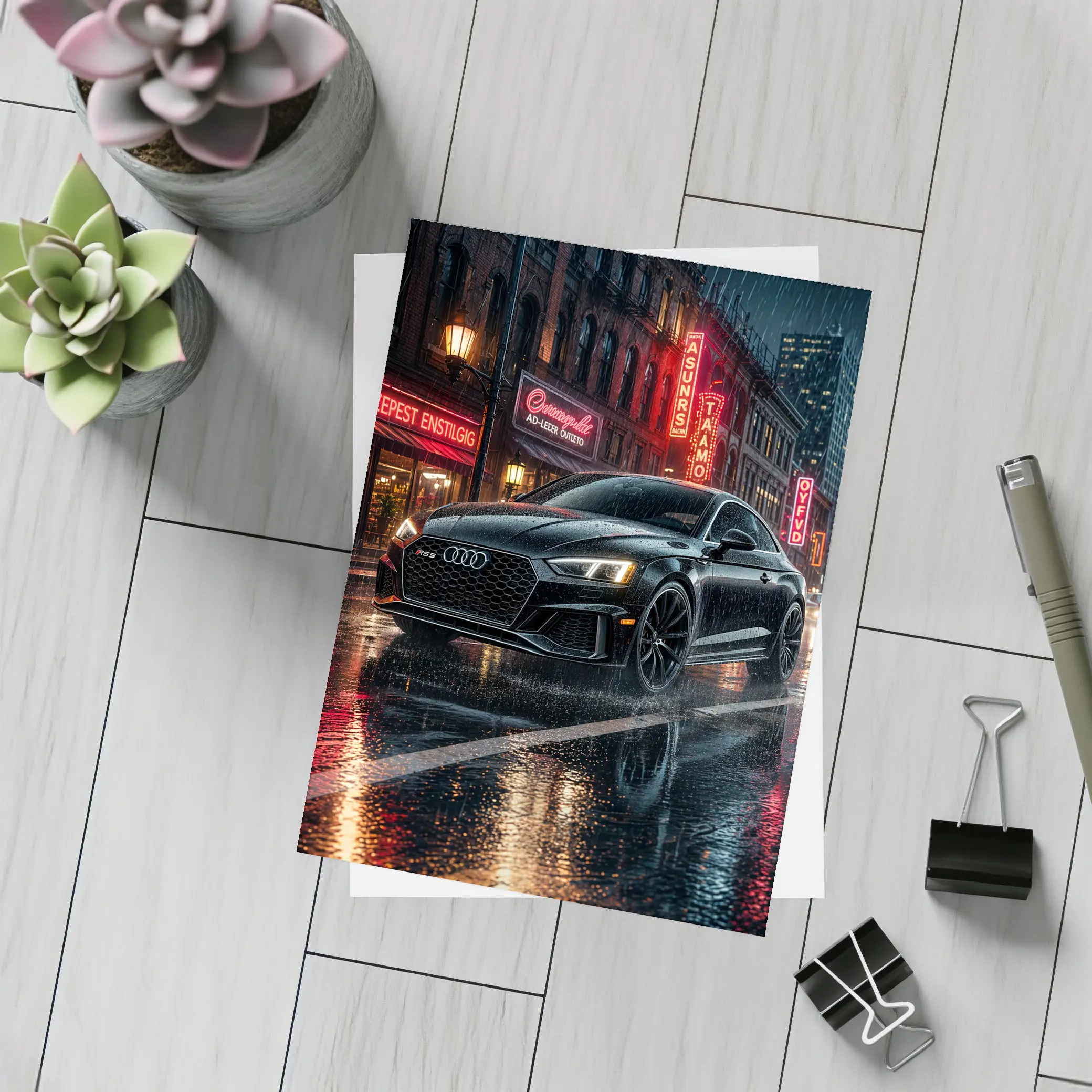 Audi RS5 Black Rainy Neon City Night – Postcards