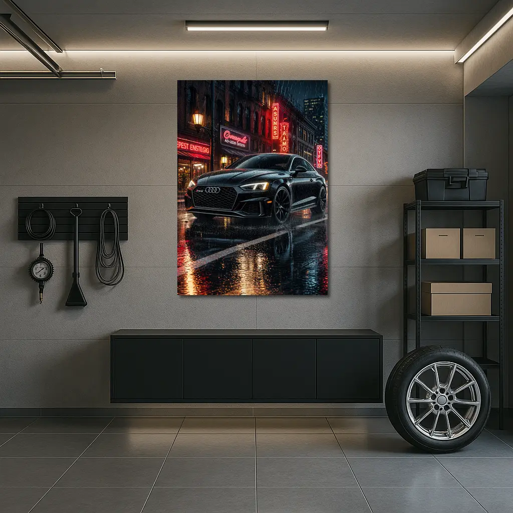 Audi RS5 Black Rainy Neon City Night – Wall Art