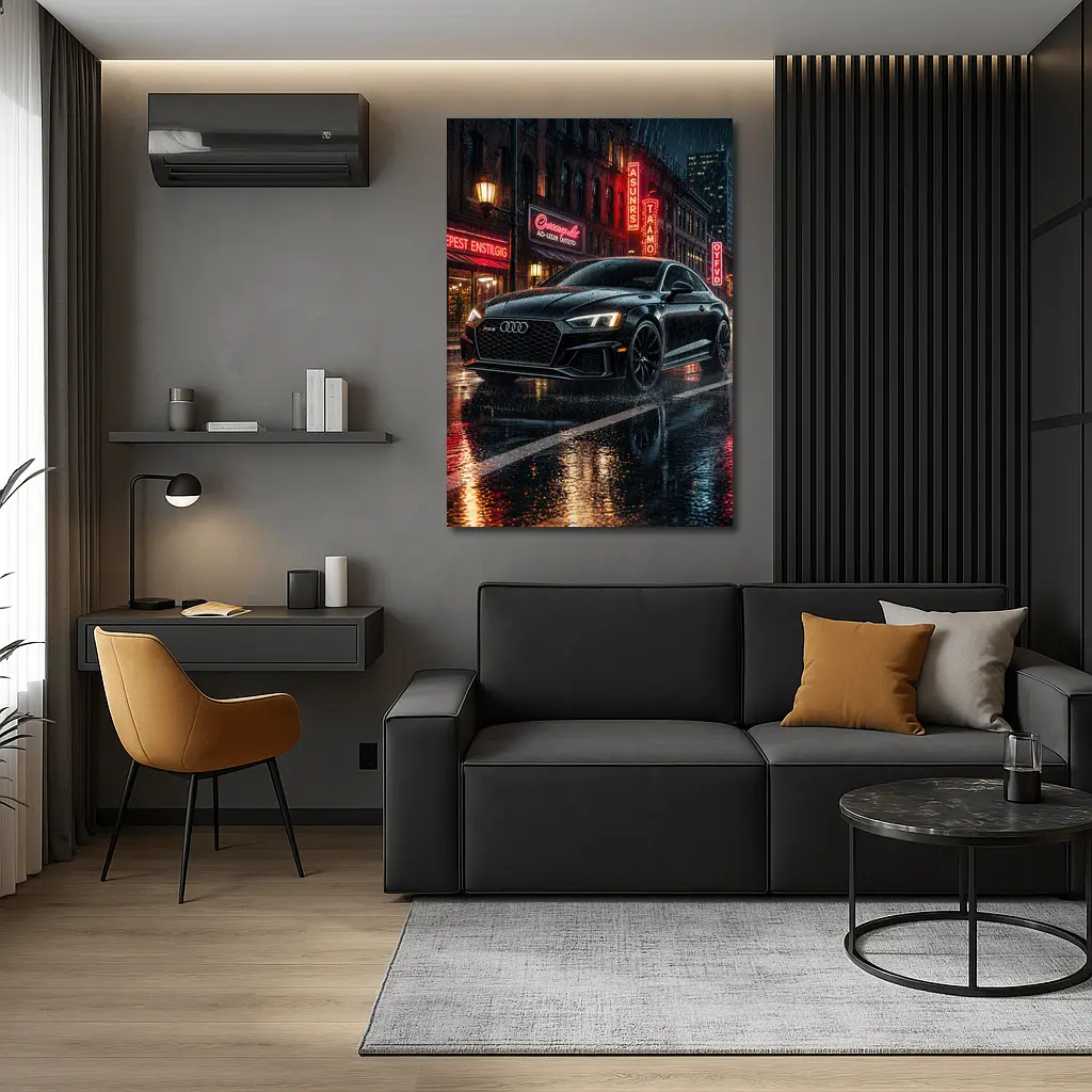 Audi RS5 Black Rainy Neon City Night – Wall Art