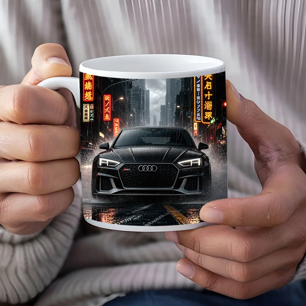 Audi RS5 Black Rainy Neon City Street – Mugs