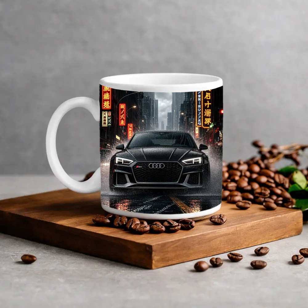Audi RS5 Black Rainy Neon City Street – Mugs