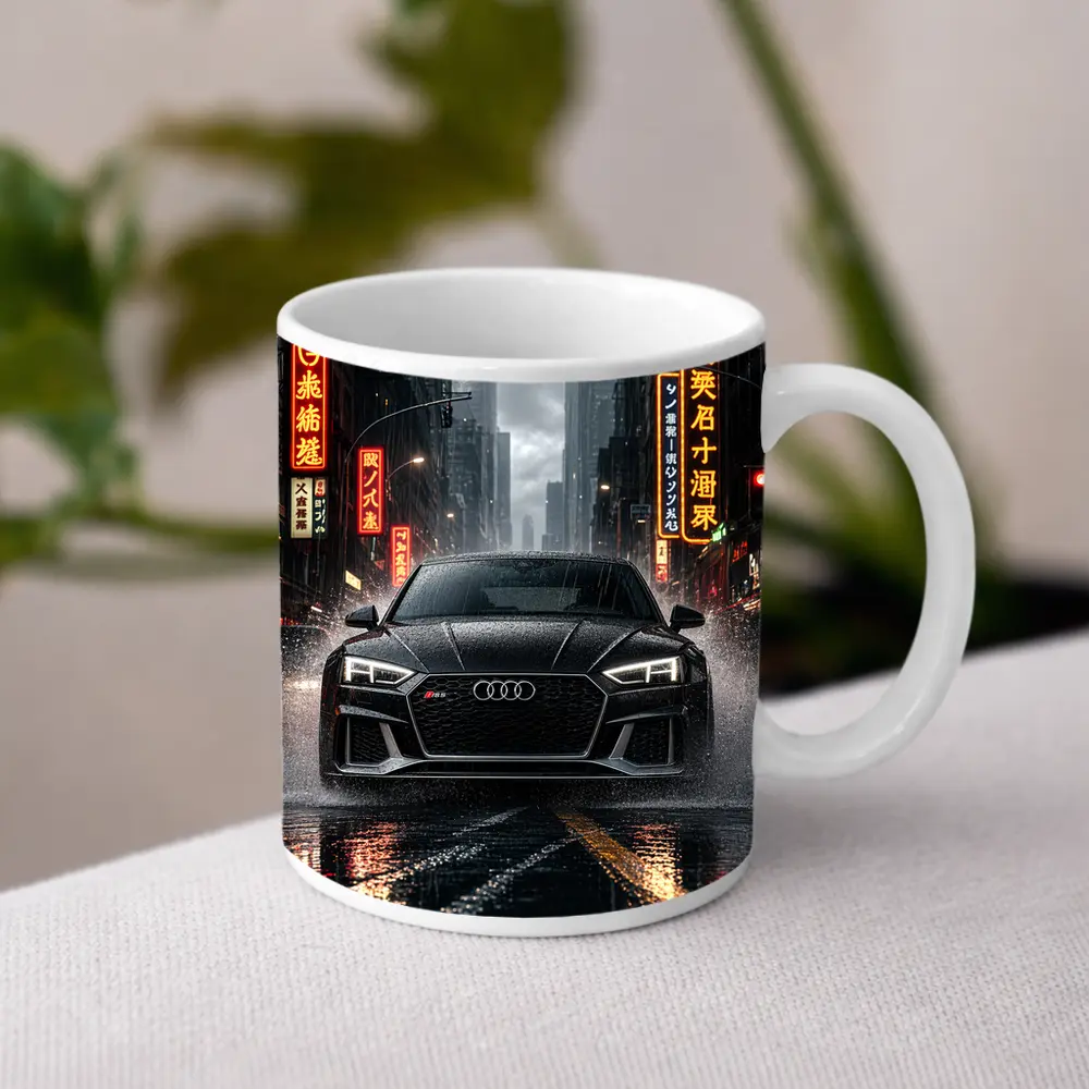 Audi RS5 Black Rainy Neon City Street – Mugs