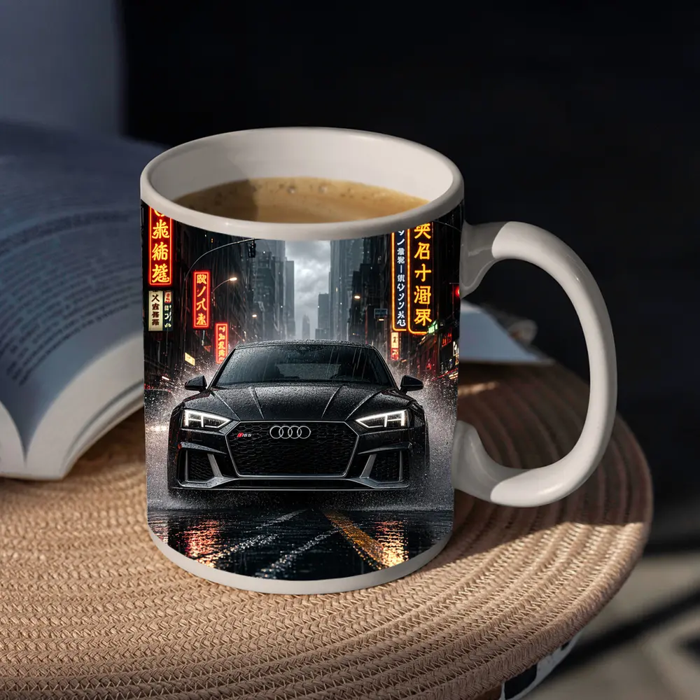 Audi RS5 Black Rainy Neon City Street – Mugs