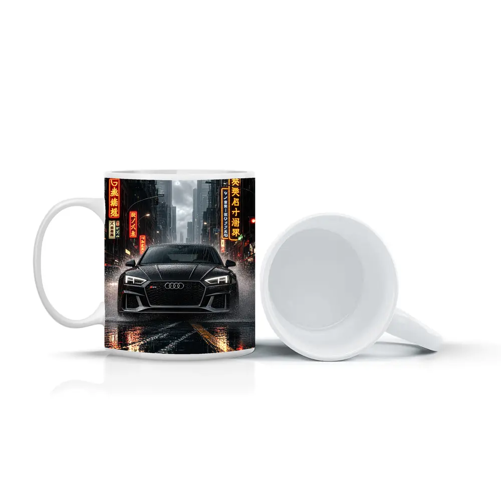 Audi RS5 Black Rainy Neon City Street – Mugs