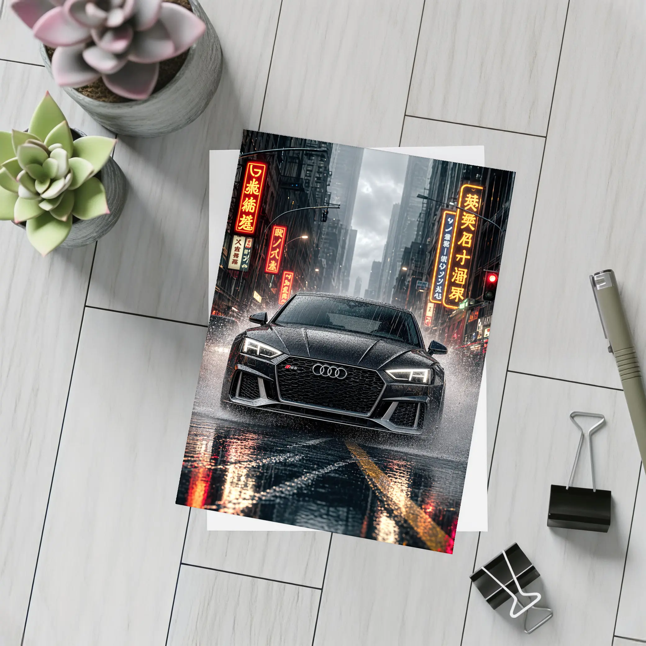 Audi RS5 Black Rainy Neon City Street – Postcards