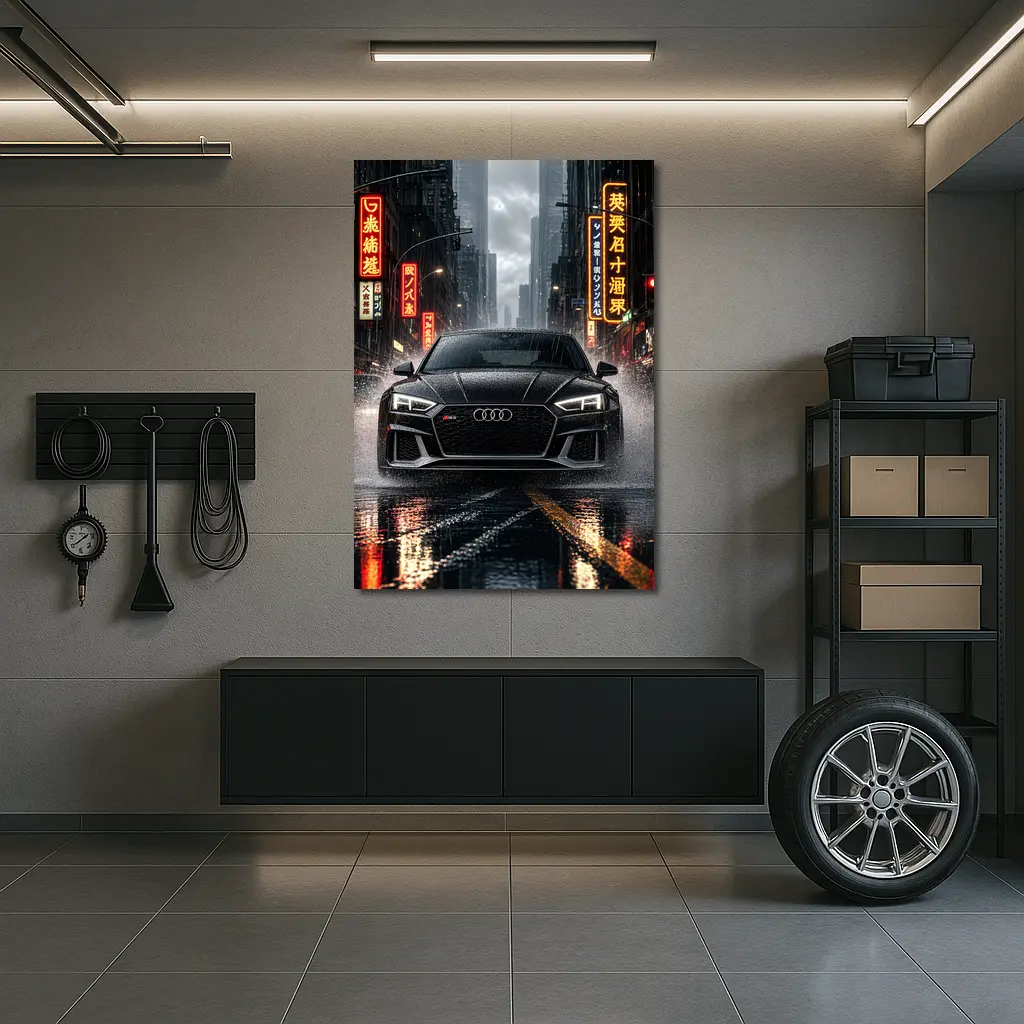 Audi RS5 Black Rainy Neon City Street – Wall Art