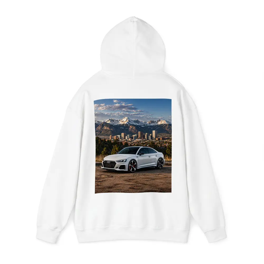 Audi RS5 White Coupe City Mountain Backdrop – Hoodies