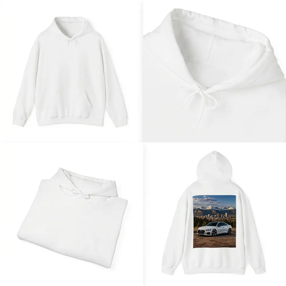 Audi RS5 White Coupe City Mountain Backdrop – Hoodies