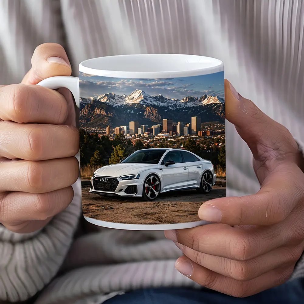 Audi RS5 White Coupe City Mountain Backdrop – Mugs