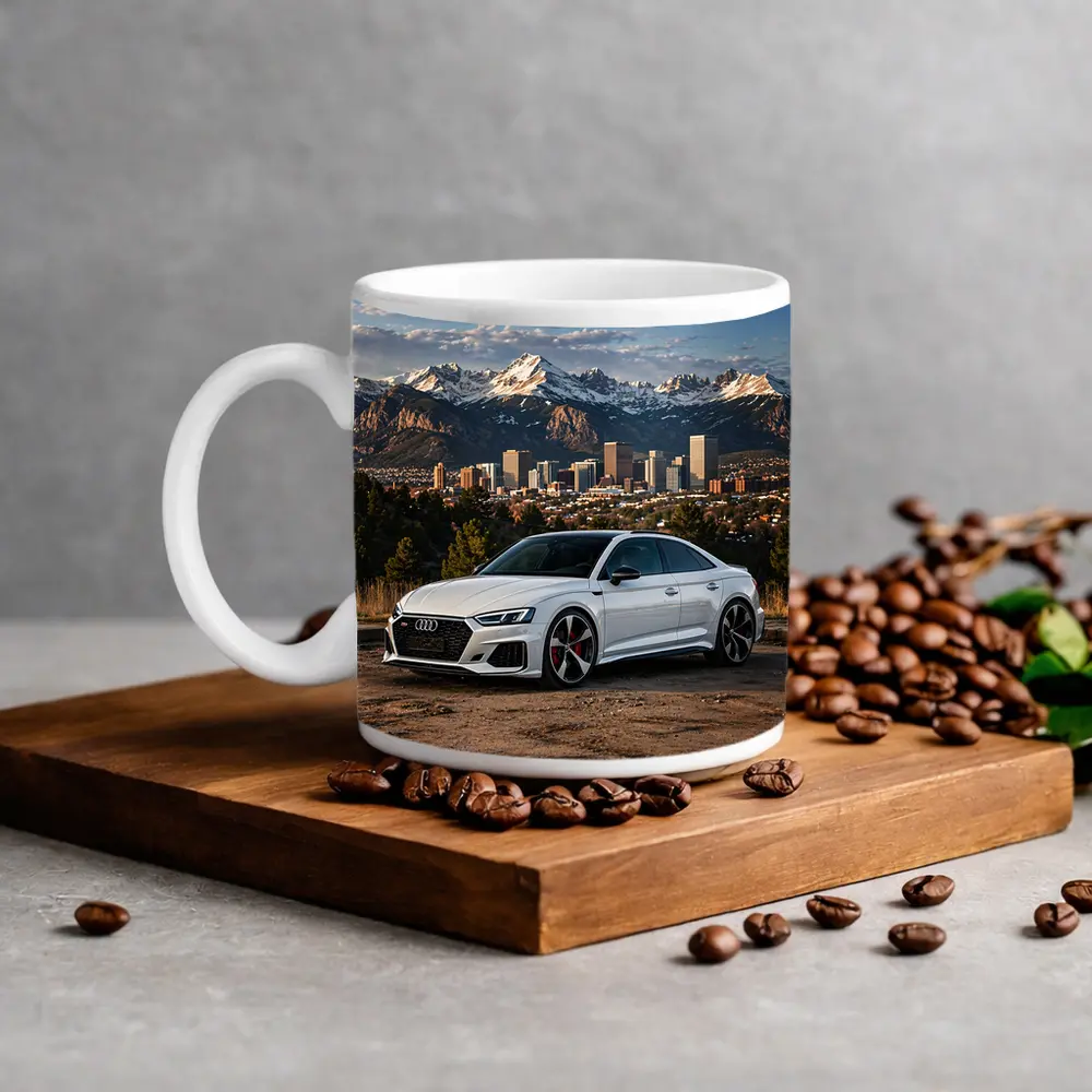 Audi RS5 White Coupe City Mountain Backdrop – Mugs