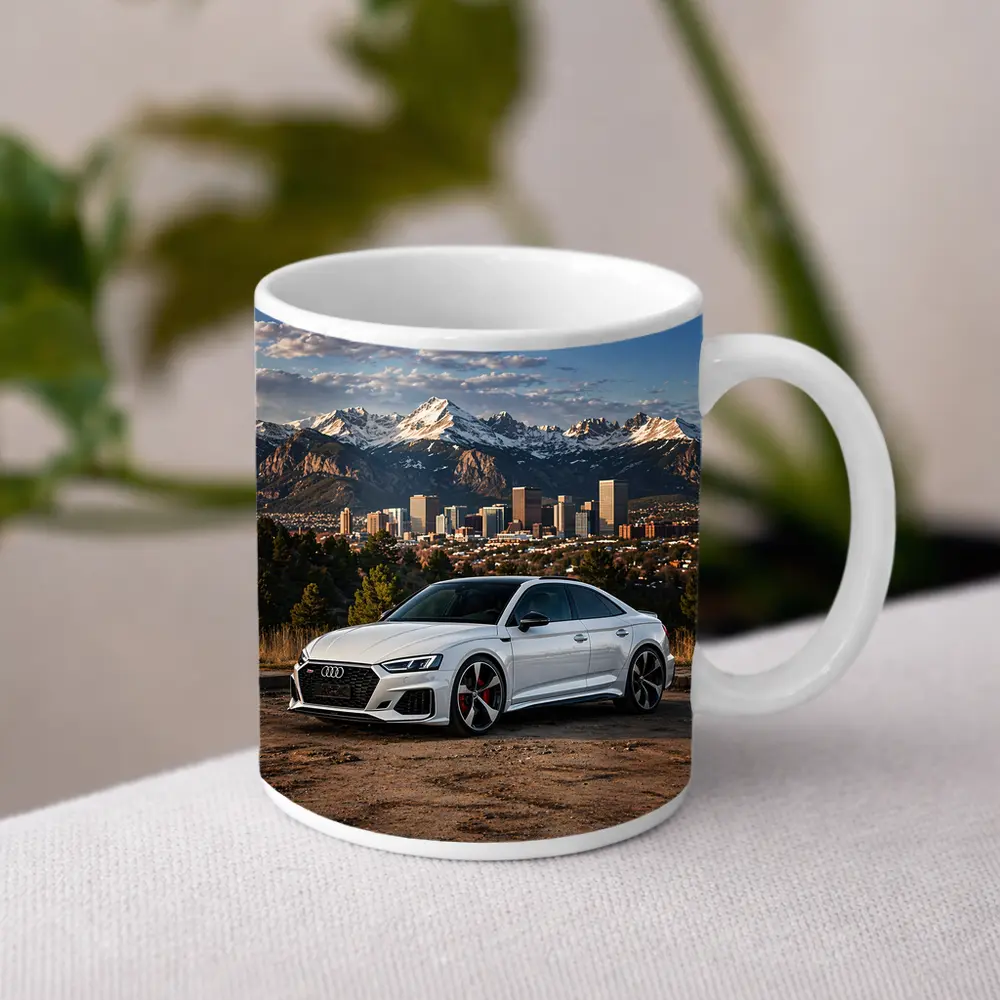 Audi RS5 White Coupe City Mountain Backdrop – Mugs