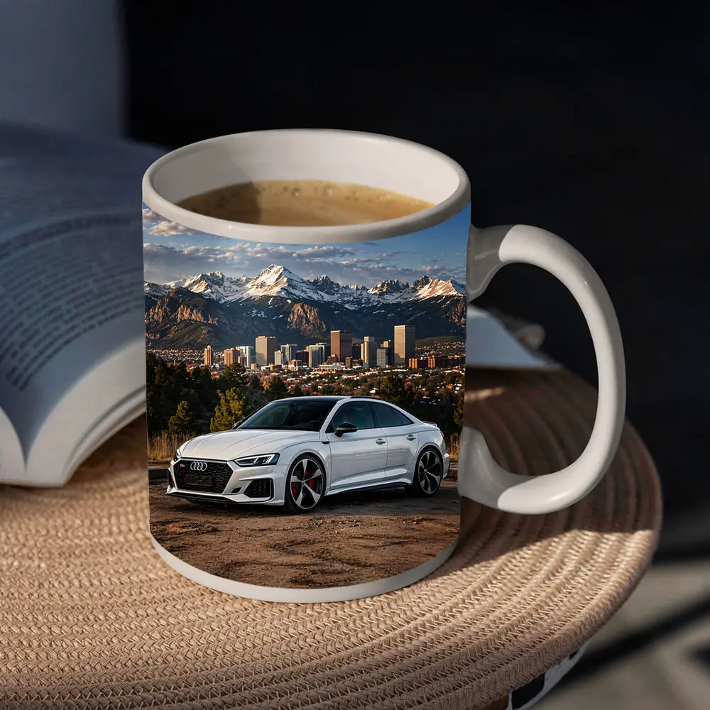 Audi RS5 White Coupe City Mountain Backdrop – Mugs