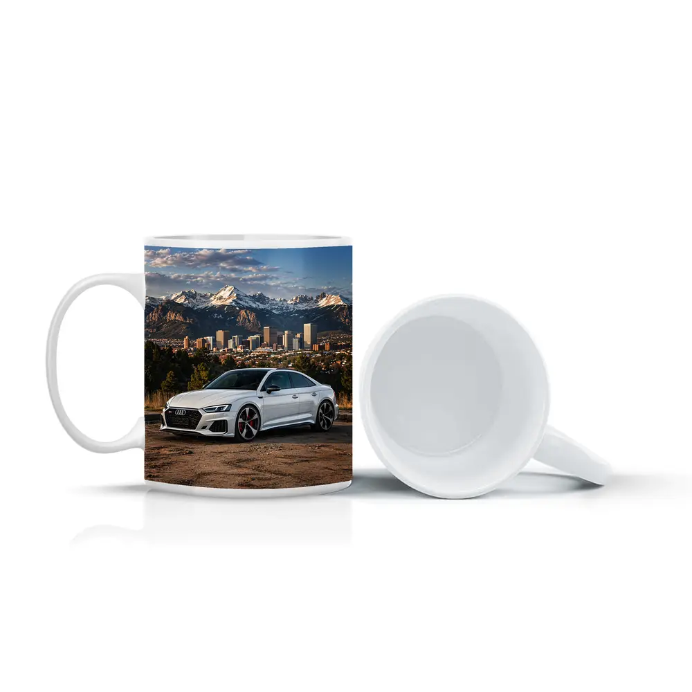Audi RS5 White Coupe City Mountain Backdrop – Mugs