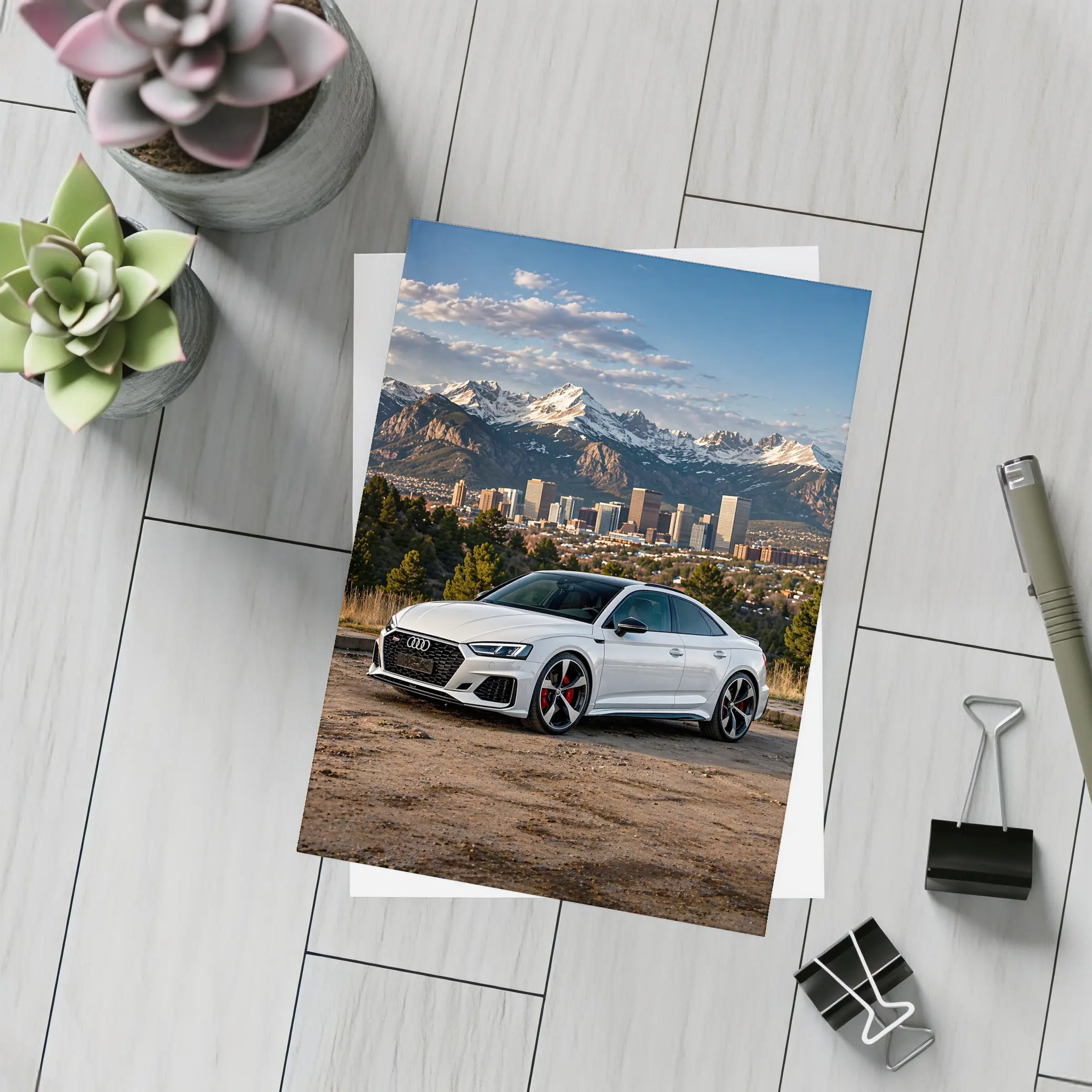 Audi RS5 White Coupe City Mountain Backdrop – Postcards