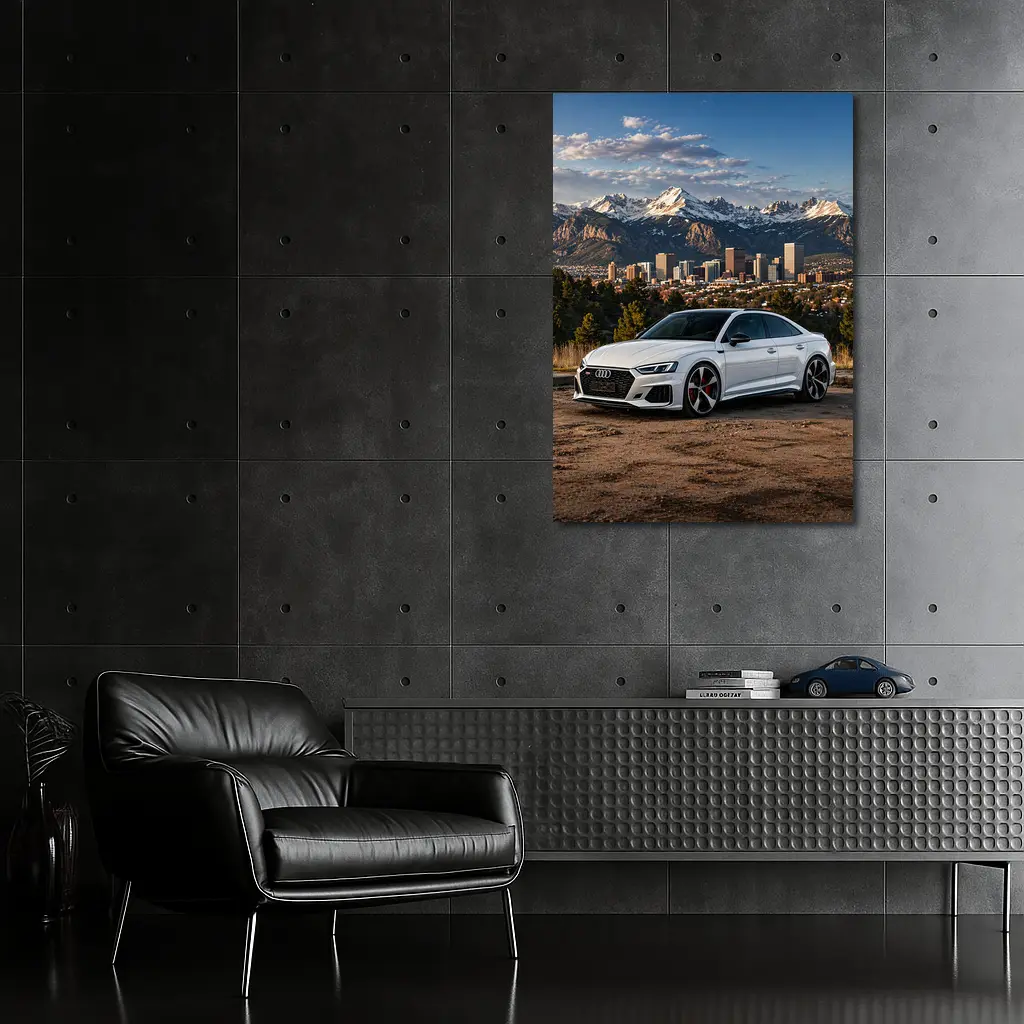 Audi RS5 White Coupe City Mountain Backdrop – Wall Art