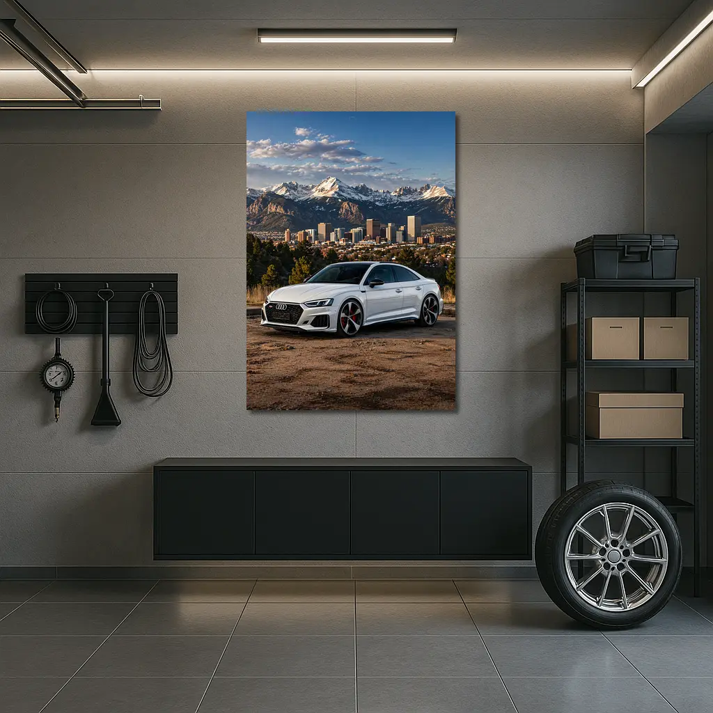 Audi RS5 White Coupe City Mountain Backdrop – Wall Art