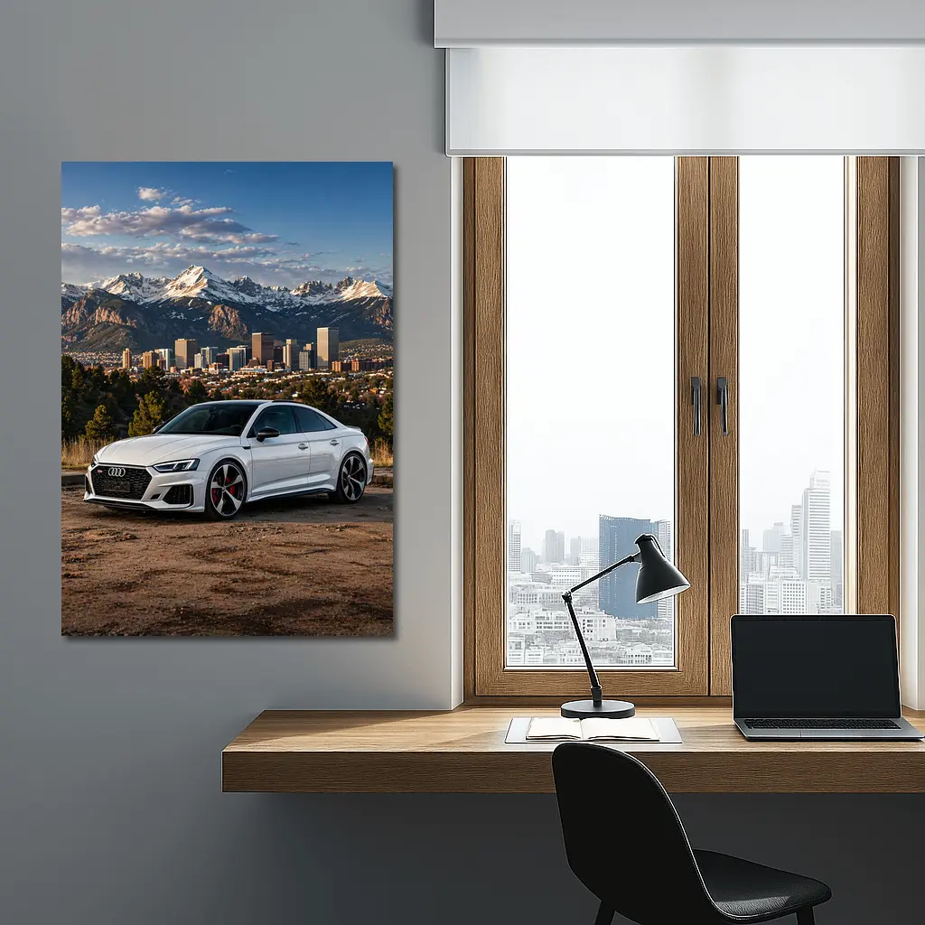 Audi RS5 White Coupe City Mountain Backdrop – Wall Art