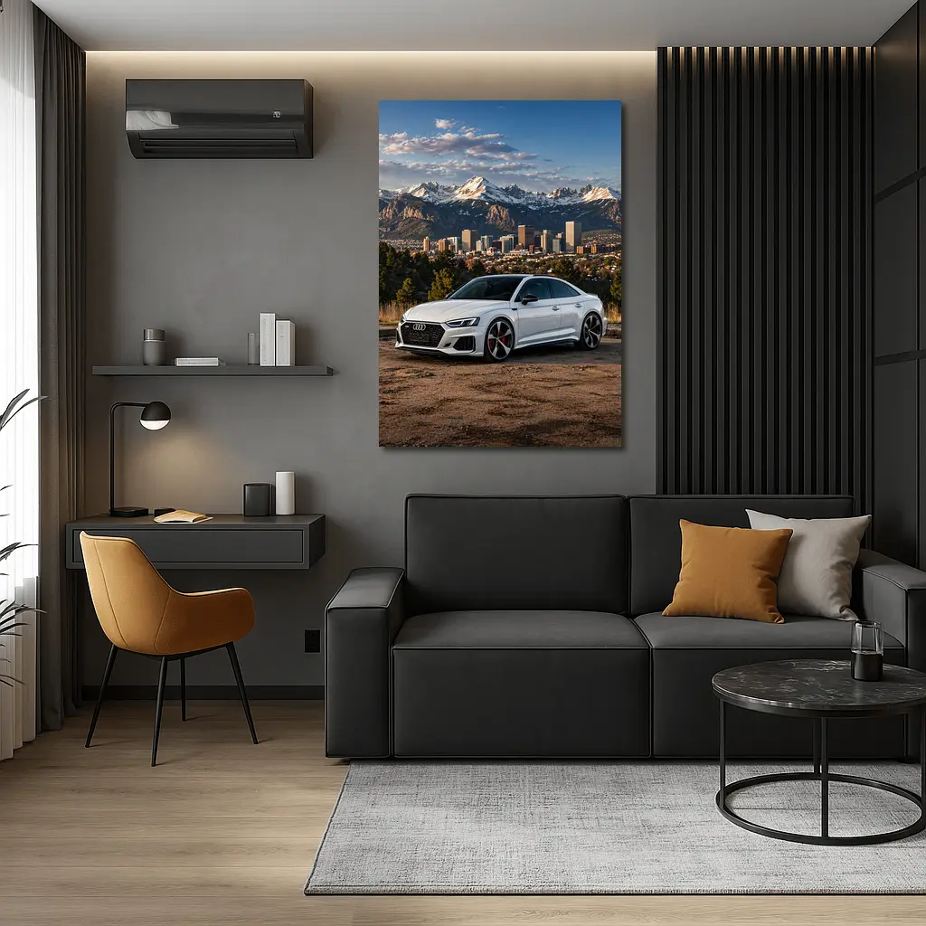 Audi RS5 White Coupe City Mountain Backdrop – Wall Art