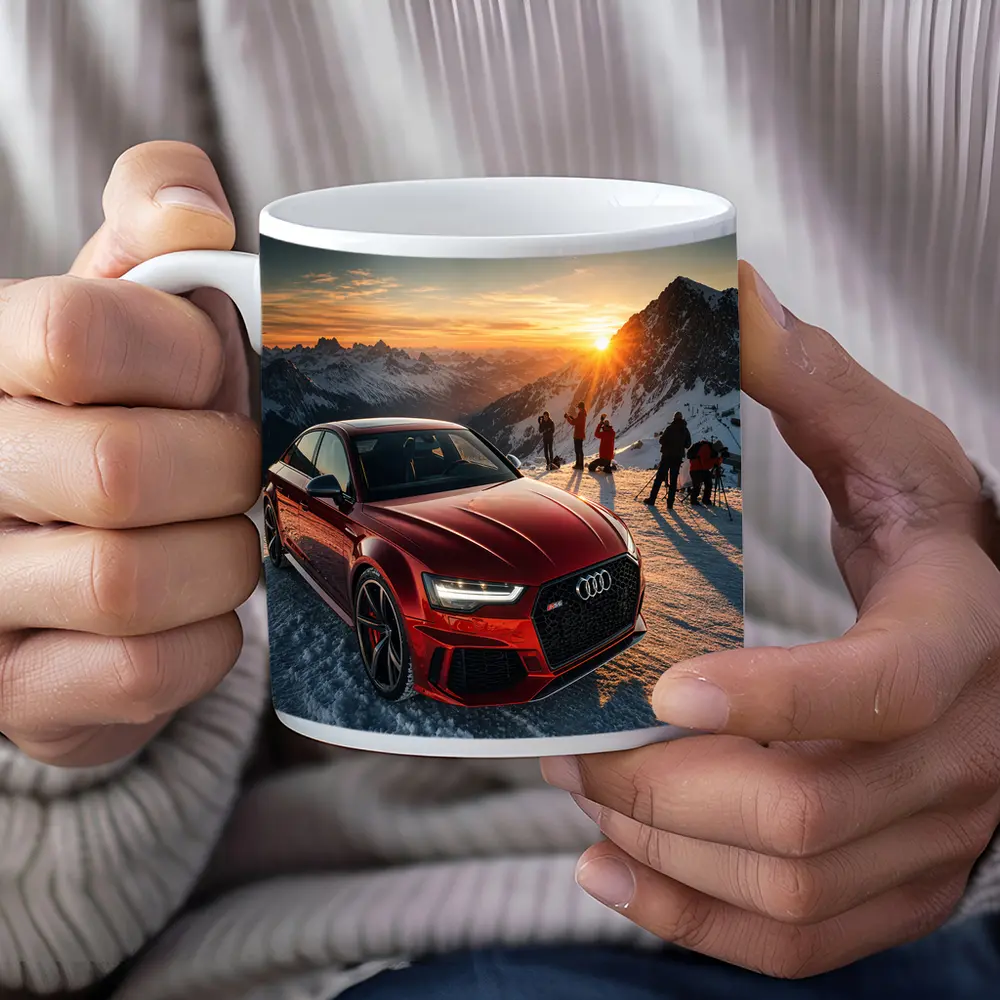 Audi RS6 Red Sedan Snowy Mountain Sunset – Mugs