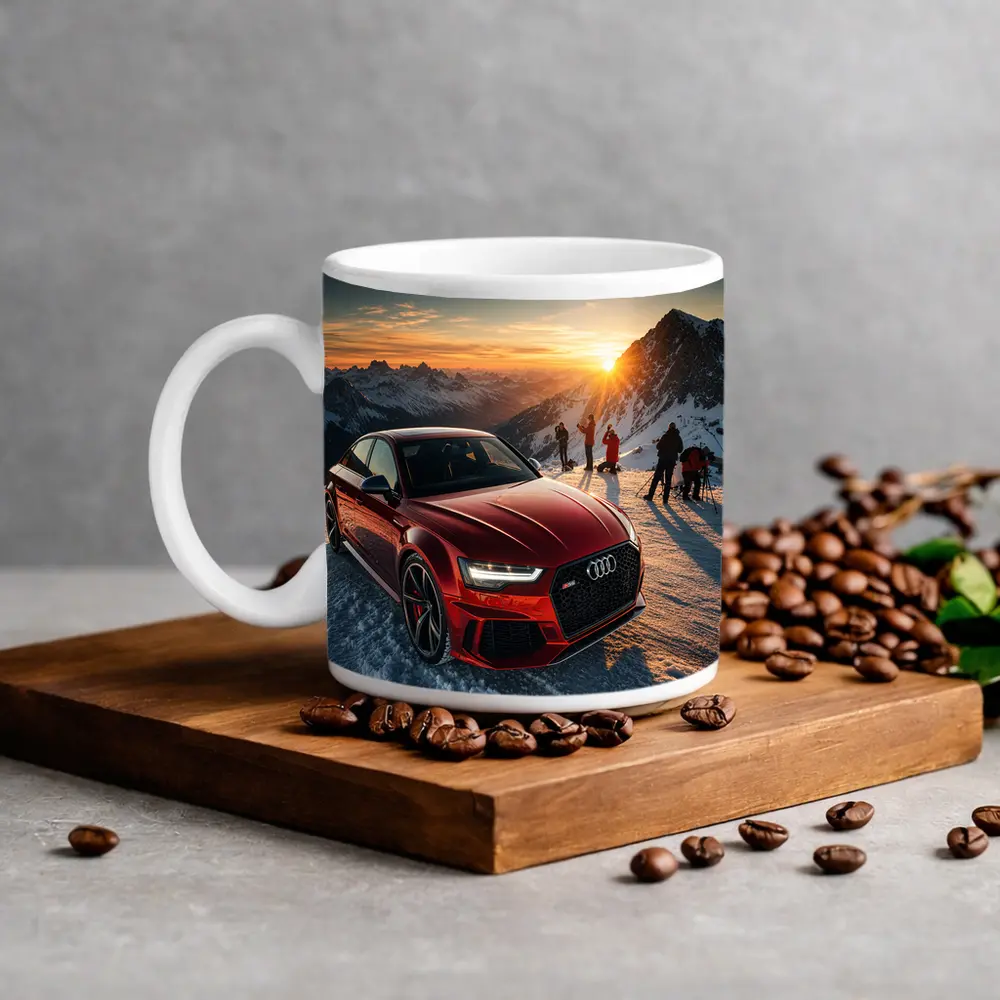 Audi RS6 Red Sedan Snowy Mountain Sunset – Mugs