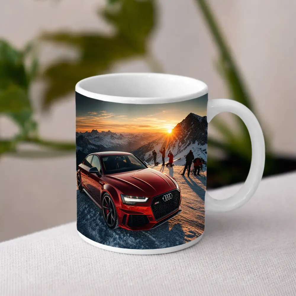 Audi RS6 Red Sedan Snowy Mountain Sunset – Mugs