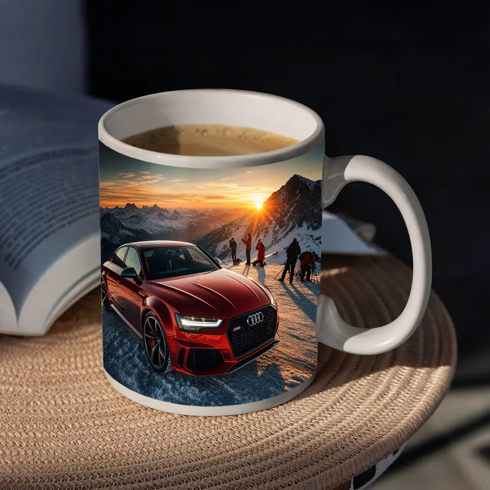Audi RS6 Red Sedan Snowy Mountain Sunset – Mugs