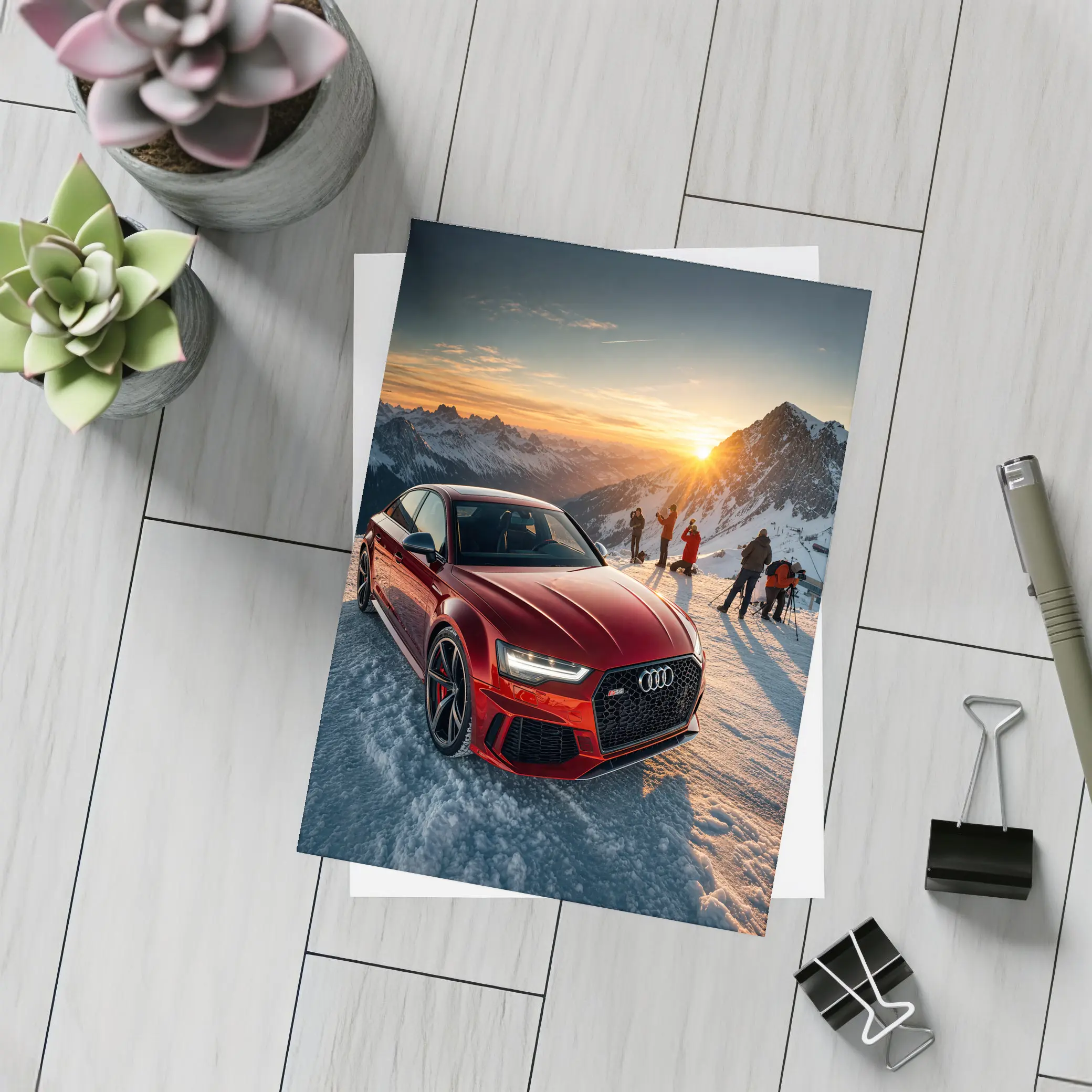 Audi RS6 Red Sedan Snowy Mountain Sunset – Postcards