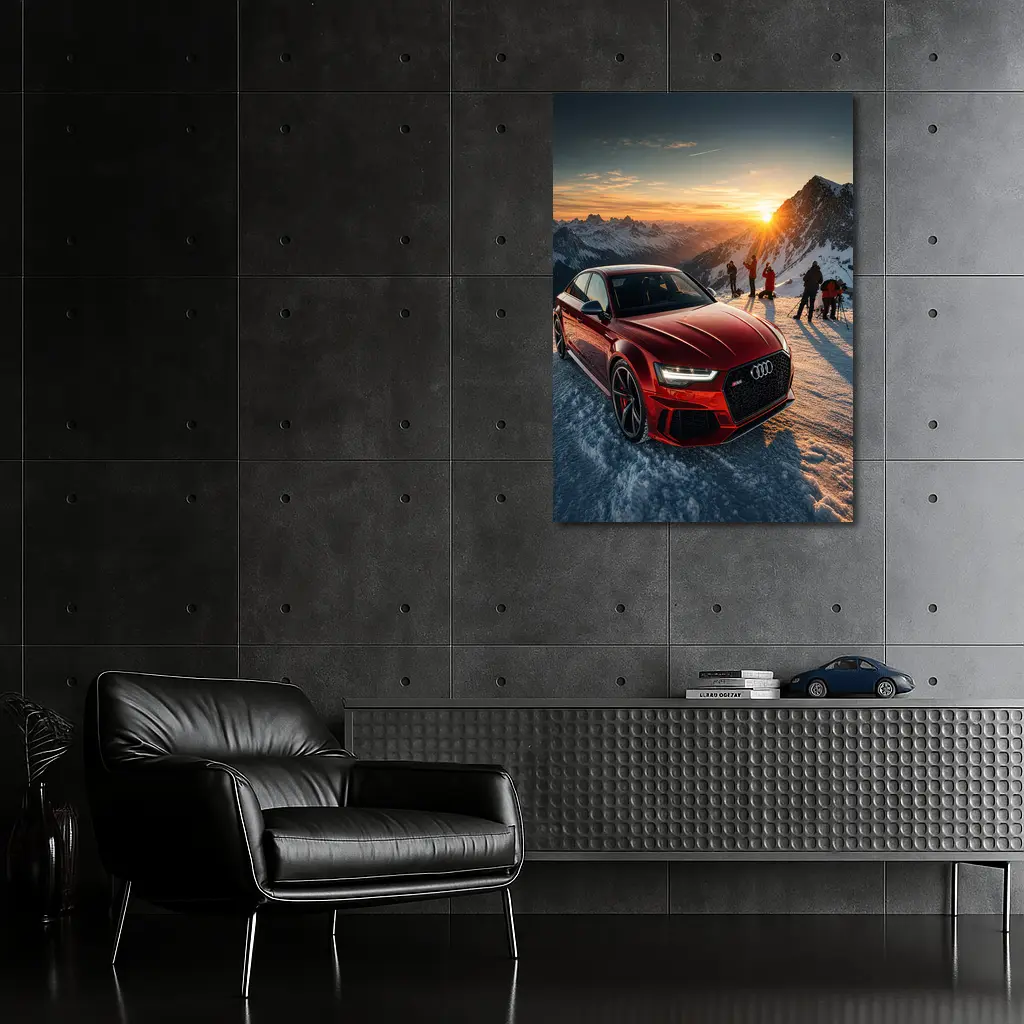 Audi RS6 Red Sedan Snowy Mountain Sunset – Wall Art