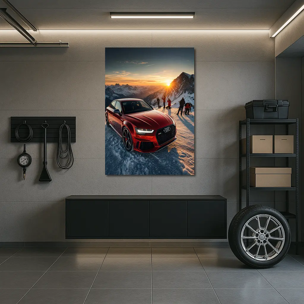 Audi RS6 Red Sedan Snowy Mountain Sunset – Wall Art